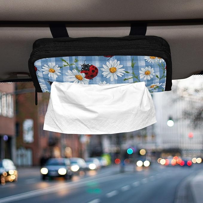 Blue Plaid Ladybugs Daisy Car Tissue Holder Durable Napkin Holder Hanging Tissue Holders Case Car Tissues Bag for Sun Visor Seat Back Universal Auto