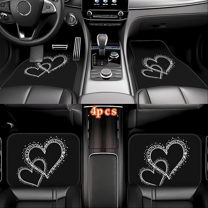 Universal Fit Car Floor Mats Set of 4Pcs, White Heart Pattern All-Weather Front Rear Car Carpet Mats, Non-Slip Car Floor Mat Car Accessories for Automotive Trucks SUV Sedans Vans