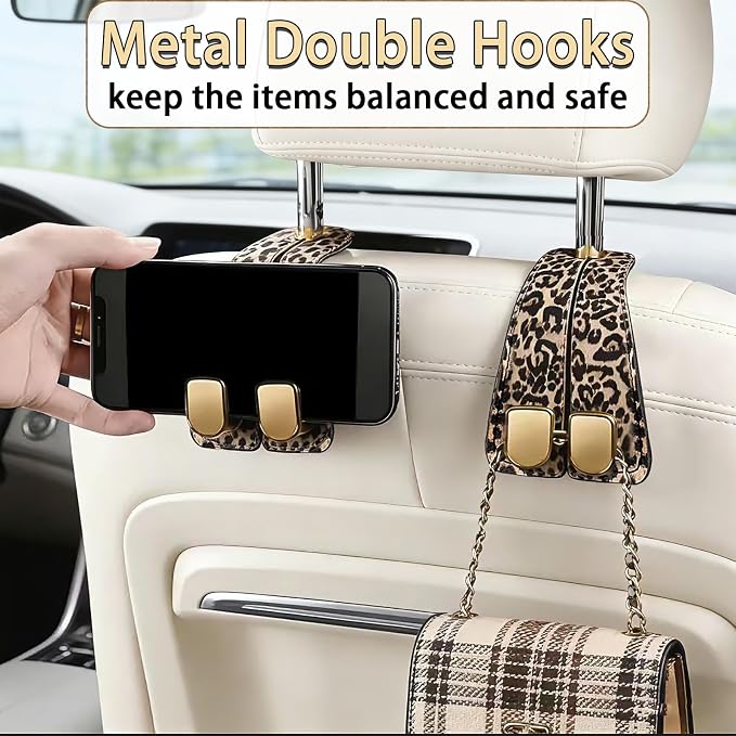 Car Hooks for Headrest: 2Pack Car Headrest Hook with Premium Leopard Leather - Double Metal Hooks - Purse Hook For Car - Car Headrest Hooks - Car Hooks for Purses, Handbags, Bags - Leopard