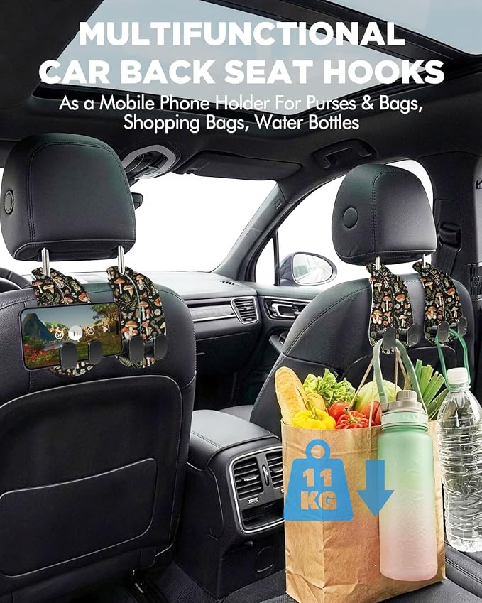 WOCOCN Purse Holder for Car, 2 Pack Heavy Duty Purse Hanger for Car, PU Leather Car Seat Hooks for Purses and Bags, Cute Mushrooms Headrest Organizer for Handbags & Backpacks