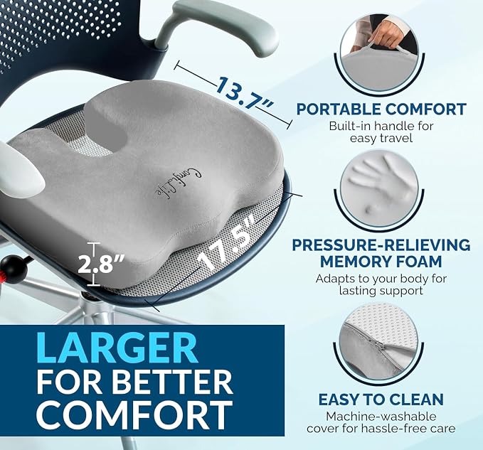 ComfiLife Gel Enhanced Seat Cushion – Office Chair Cushion – Non-Slip Gel & Memory Foam Coccyx Cushion for Tailbone Pain - Desk Chair Car Seat Cushions Driving - Sciatica & Back Pain Relief (Gray)