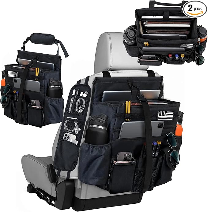 2 Pack Front or Seat back organizer seat side pocket with dedicated tablet and 17 IN laptop storage stabilizers external stabilizing side straps soft adjustable shoulder straps (Large Black)