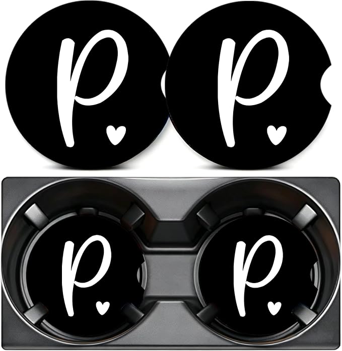2PCS Letter P Car Cup Holder Coasters,Simple Initial Car Coasters Cars Accessories Interior Decor Universal Neoprene 2.75" Anti-Slip Rubber Mat with Finger Slot,Monogram Gifts for Women, Men, Driver