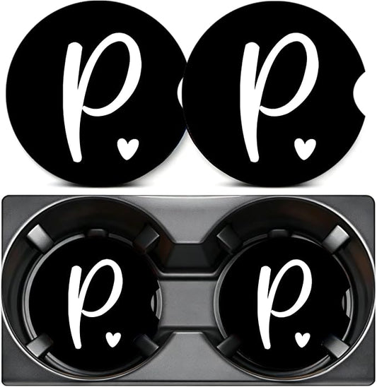 2PCS Letter P Car Cup Holder Coasters,Simple Initial Car Coasters Cars Accessories Interior Decor Universal Neoprene 2.75" Anti-Slip Rubber Mat with Finger Slot,Monogram Gifts for Women, Men, Driver