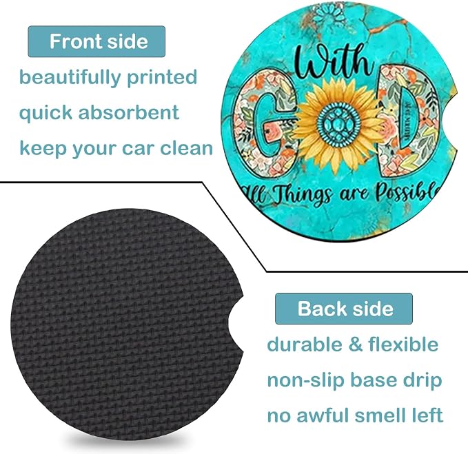 2 Pack Christian Encourage Car Cup Holder Coasters Universal Neoprene Mat | 2.75" Universal Size Anti Slip Rubber Mat, Auto Cup Holder Accessories for SUV Truck, Christian Gifts for Women Men Mom