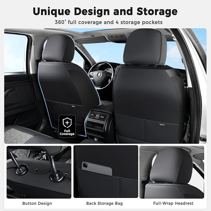 Huidasource Car Seat Covers Front Seat Universal Fit for Most Cars SUV Trucks, 360° Full Wrap Waterproof Leather Seat Cover with Lumbar Support, Cooling＆Heating, Black & Gray