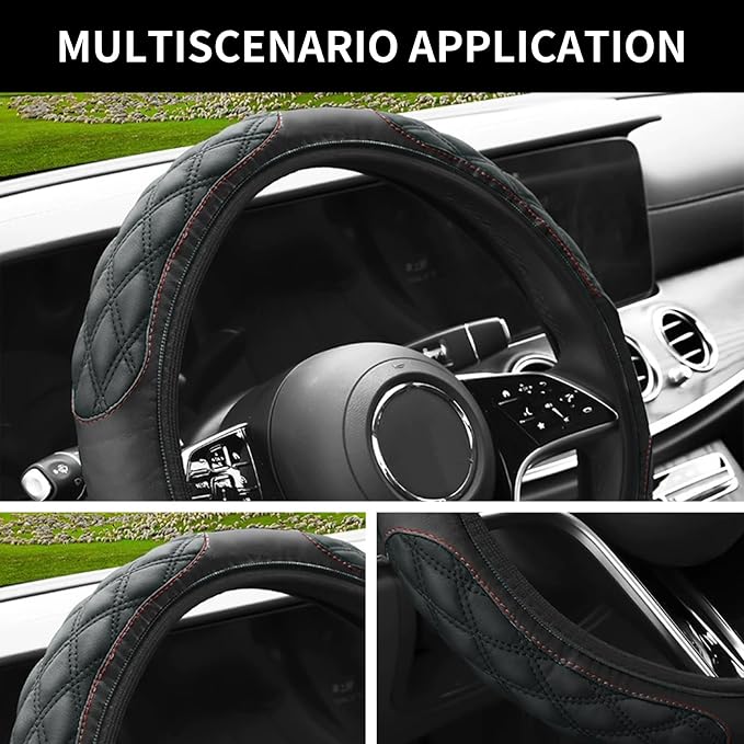 15 Inch Leather Steering Wheel Cover, Automotive Accessories Breathable Anti-Slip Elastic Soft Wheel Protector, Fit for Most SUVs Trucks and RVs (Black)