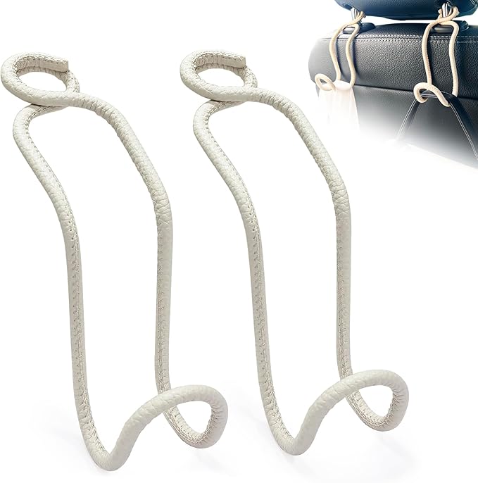 Purse Hooks for Car - 2 Pack Back Seat Storage Holder - Beige Leather/2L | Universal Car Headrest Hanger with Anti-Drop Lock Loop for Hat Bag Grocery Handbag Coat Must Have Stuff for Vehicle Truck SUV