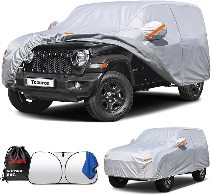 Jeep Wrangler 4 Door Cover Waterproof All-Weather,Outdoor Full Exterior SUV Cover for Wrangler JKU JLU(2007-2026),with Windshield Sun Shade,Towel&Storage Bag,Size J4 (See Size Chart)