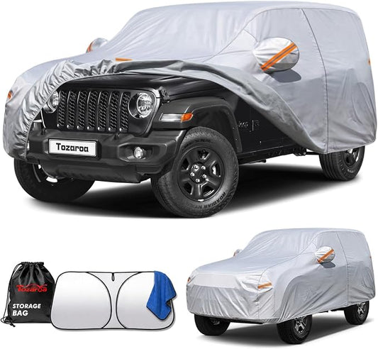 Jeep Wrangler 4 Door Cover Waterproof All-Weather,Outdoor Full Exterior SUV Cover for Wrangler JKU JLU(2007-2026),with Windshield Sun Shade,Towel&Storage Bag,Size J4 (See Size Chart)