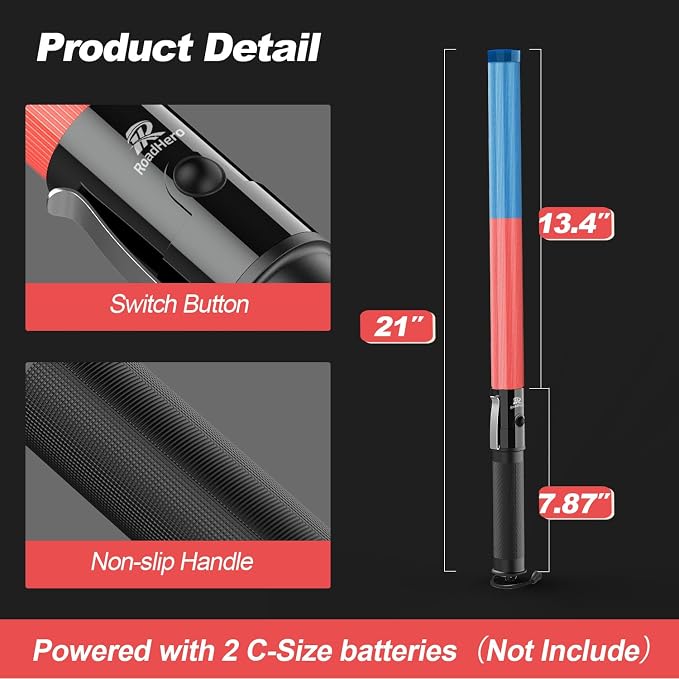 RoadHero 2 Pack 21 Inch Traffic Wand, Red and Blue | 3 Flashing Modes, Side Clip, Water-resistant IPX-4 rated, Lightweight, Using 2 C-Size Batteries (Not Included)