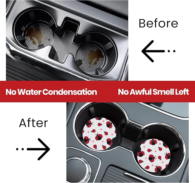 2 Pack Ladybug Car Coasters for Women Car Cup Holder Coasters, 2.63 Inch Anti Slip Ceramic Absorbent Coaster with Cork Base and Finger Notch, Cute Car Accessories Interior