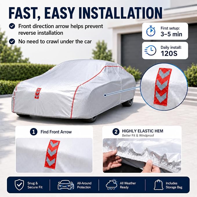 Car Cover Waterproof All Weather, 60 S Quick Install Underbody Wrap-Around Mount Car Covers for Automobiles （Copue-178 to 185 in）