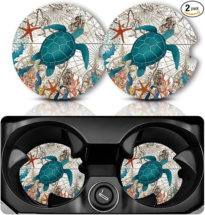 Yonlevres Car Coasters for Cup Holders，2.75" Universal Size Anti Slip Rubber Mat with A Finger Notch, 2 Pack Cup Holder Coasters for Car Interior Accessories for Women Men Sea Turtle