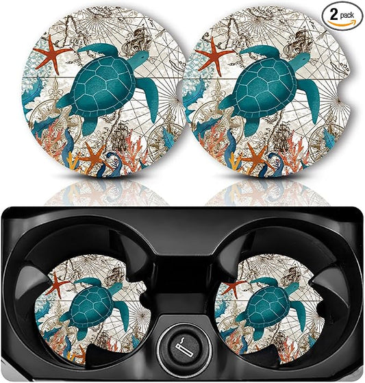 Yonlevres Car Coasters for Cup Holders，2.75" Universal Size Anti Slip Rubber Mat with A Finger Notch, 2 Pack Cup Holder Coasters for Car Interior Accessories for Women Men Sea Turtle