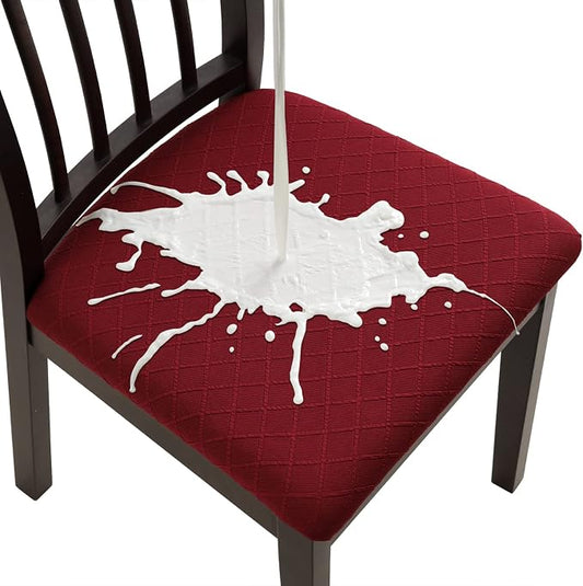 Fuloon Waterproof Seat Cushion Covers 4 PCS, Stretch Jacquard Chair Seat Covers Washable Dining Room Chair Slipcovers Removable Kitchen Cushion Protector (4, Waterproof-Wine Red)