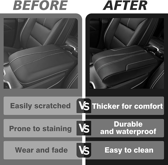 Muslogy Center Console Armrest Cover Fit for GMC Acadia & Chevy Traverse 2024-2026 Accessories, Comfort Armrest Pad Console Lid Cushion Protector Vegan Leather Regular Thick (Black/White Trim)