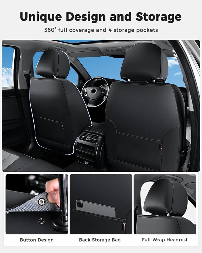 Huidasource Leather Seat Covers, Universal Fit for Most Cars, Black&Gray | Full Coverage, Easy Install with Velcro, Airbag Compatible, Retains Seat Functions & Cupholders