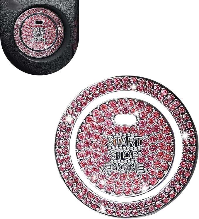 Crystal Rhinestone Car Engine Stop Decoration Ring Sticker, Sparkling Rhinestone Push Start Button Decorative Cover, Bling Interior Accessories for Women, Universal for Most Car (Pink)