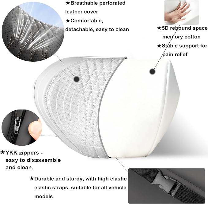 Car Neck Pillow 2-Pack - Premium Memory Foam Headrest with Soft Nappa Leather Feel, Ergonomic Support for Long Drives, Fits Most Vehicles (2, Grey)