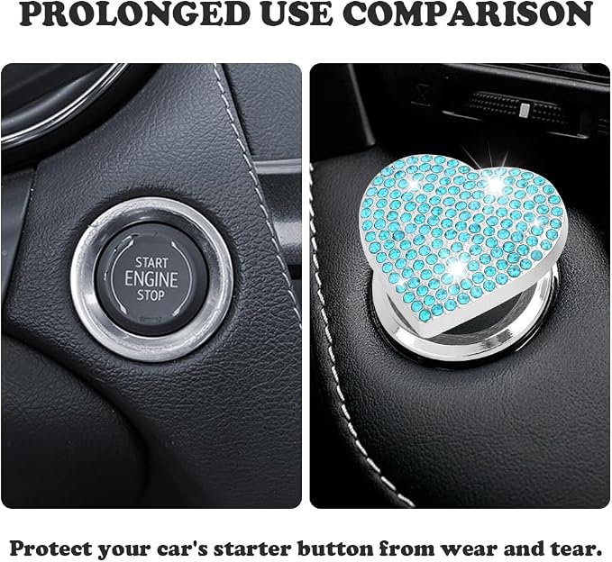 Bling Push Start Button Cover with Rhinestone,Heart Push to Start Button Cover for Car Decor,Diamond Engine Start Buttons Cover Car Accessories Interior for Women & Girl (Blue)