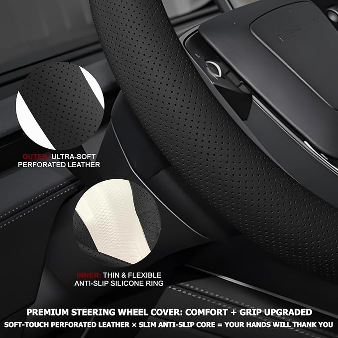 Microfiber Leather Steering Wheel Cover, 14.5-15 inch, Black | Universal Fit, Easy to Install, Non-Slip Design, Breathable