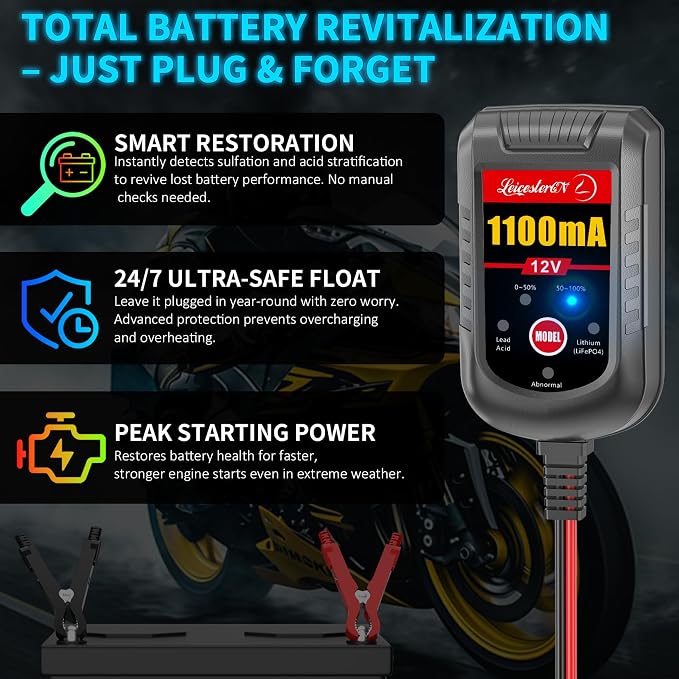 4 Pack Motorcycle Battery Charger 12V 1.1Amp, Smart Trickle Charger and Maintainer - Automatic Float Charger for Cruiser Sport Bike ATV Scooter Dirt Bike Lawn Mower, LiFePO4 Lead Acid AGM Gel