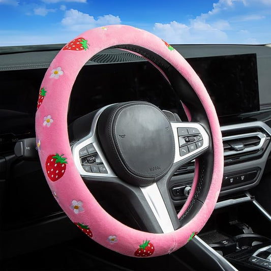 Embroidered Daisies Strawberry Cute Pink Steering Wheel Cover, Auto Anti-Slip Breathable Steering Wheel Protector, Floral Strawberry Car Accessories for Women,Universal Size Fit Most Cars -15 inch