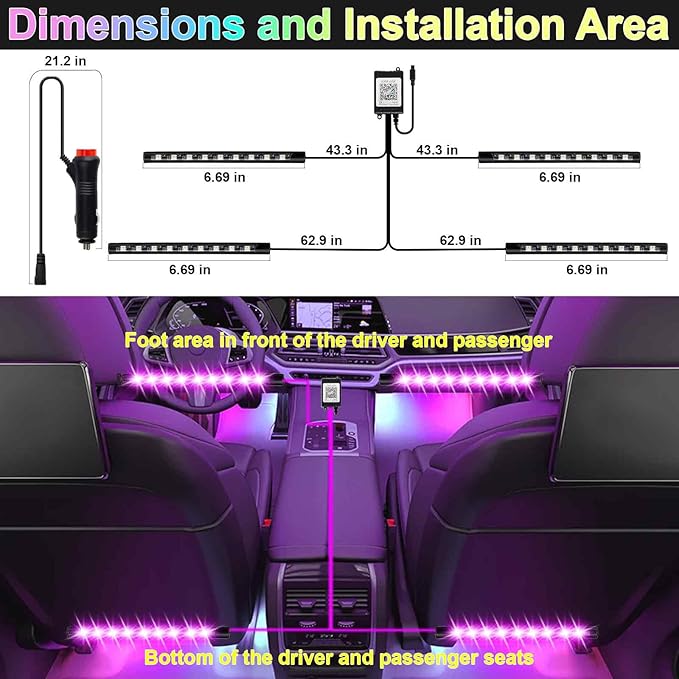 BFXM Car Interior Lights, 12V LED Strip Lights with Cigarette Lighter Adapter, Ambient Lighting Car Accessories, App & Remote Control Music Sync Color Change Lights for Truck Car- 2 Set