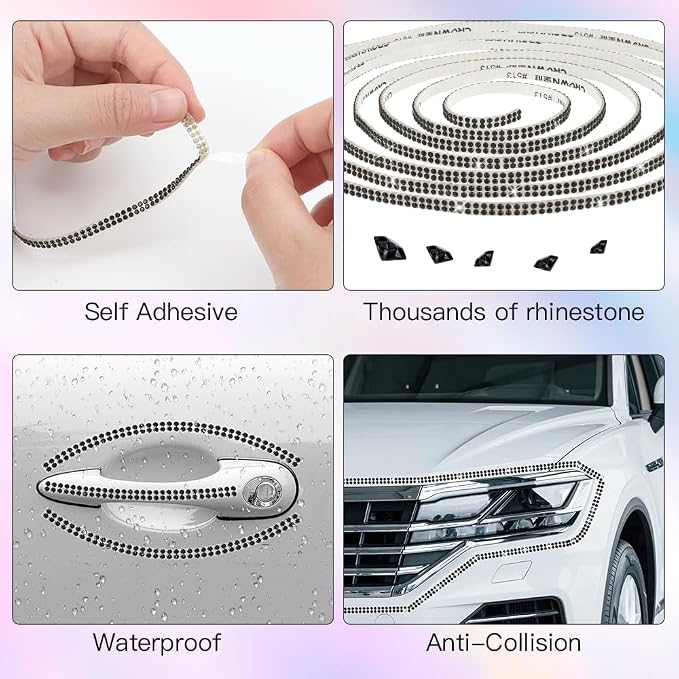 16.4Ft Bling Car Trim Self Adhesive Bling Rhinestone Car Accessories for Women Glitter Crystal Rhinestone Cars Interior Exterior Accessories Sticker DIY Cars Dashboard Diamond Decor for Women (Pink)