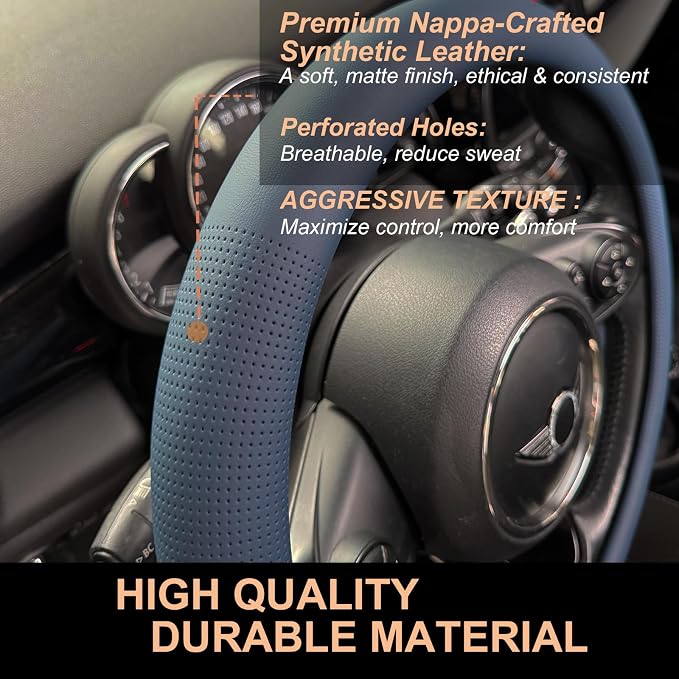 PINCTROT Large Size Nappa Leather Steering Wheel Cover, Slim Fit No Bulk Design, One Piece Leather with Breathable Perforation, Fit Like Gloves, 15.5-15.75 Inch(Nappa Smoky Blue)