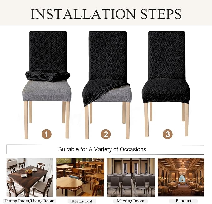 Genina Waterproof Chair Covers for Dining Room Set of 6, Removable Washable Chair Slipcover Protectors, Large Black