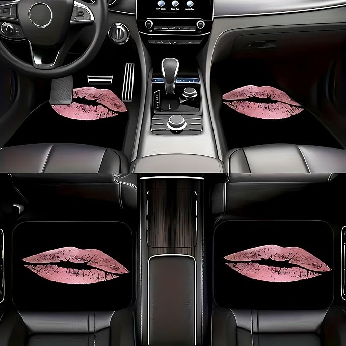 Universal Fit Car Floor Mats Set of 4Pcs, All-Weather Front Rear Car Carpet Mats, Pink Lip Print Non-Slip Car Floor Mat Car Accessories for Automotive Trucks SUV Sedans Vans