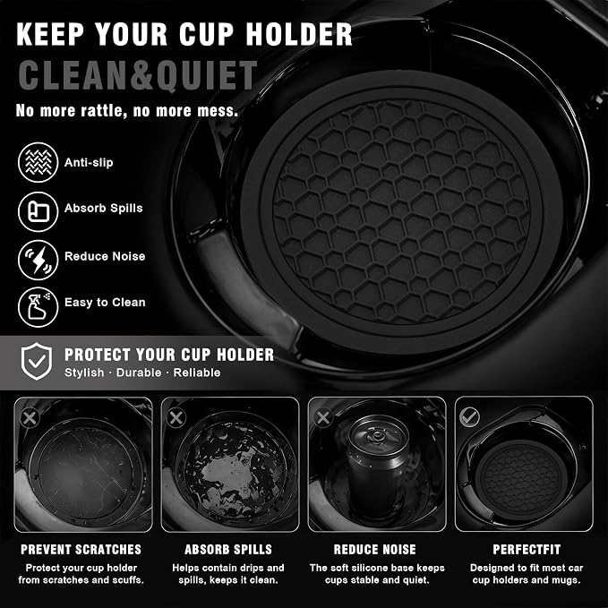 4PCS Car Cup Holder Coasters, 2.75 Inch Non-Slip Insert Water Bottle Holder Pads, Dustproof Automotive Interior Accessories Mat, Universal for Vehicles, Trucks, RVs and More (Black)
