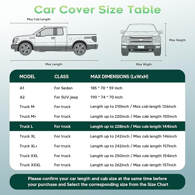 Cartist Hail Protector Car Cover for Truck Waterproof All Weather, Outdoor Sun Uv Rain Pickup Cover, Universal Fit for Silverado, Sierra 1500/2500, Tacoma, F150, Ram 1500, etc.(Length Up to 228 inch)L
