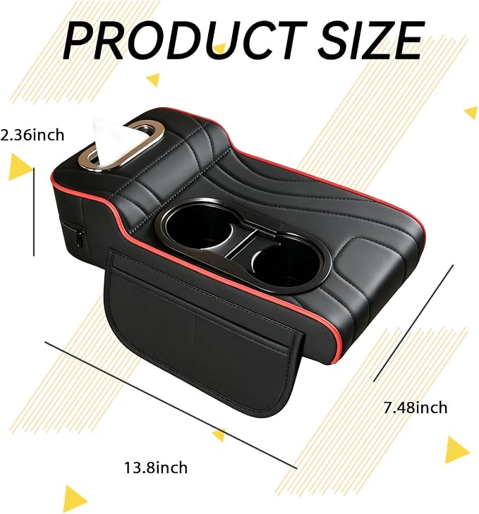 Car Armrest Cover, Embroidered Leather Car Armrest Cushion 4-in-1 Center Console Organizer with Dual Cup Holders, Tissue Box, 2 Side Storage Pockets & Card Slot, Universal for Most Cars