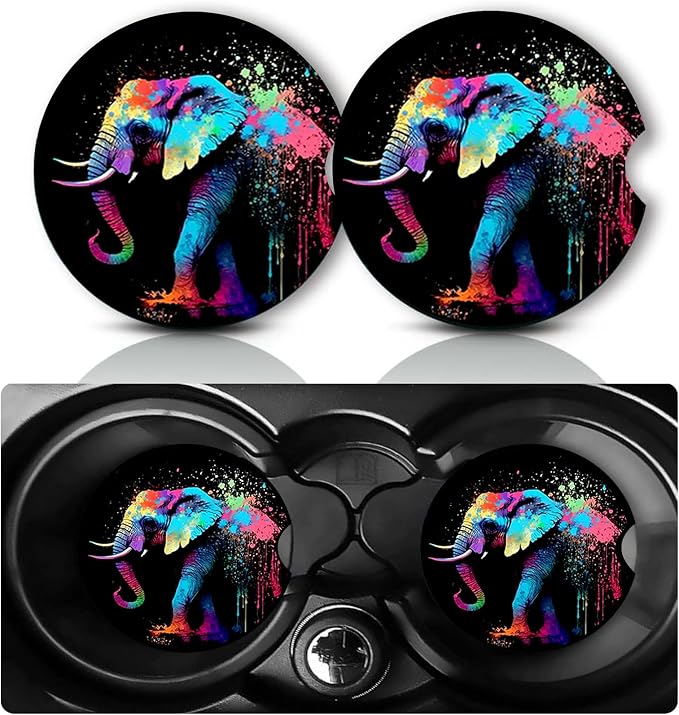 2Pcs Elephant Car Coasters,2.75" Neoprene Rubber Cars Cup Holder Coasters | Universal Non‑Slip Mat, Drink Coaster Decor Auto Accessories Elephants Gifts for Women,Men,Mom