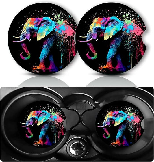 2Pcs Elephant Car Coasters,2.75" Neoprene Rubber Cars Cup Holder Coasters | Universal Non‑Slip Mat, Drink Coaster Decor Auto Accessories Elephants Gifts for Women,Men,Mom
