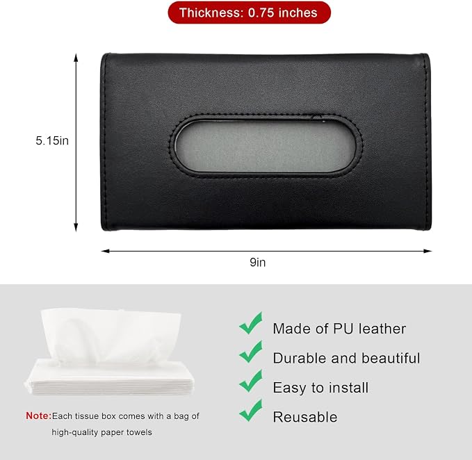 Car Visor Tissue Holder, Leather Auto Paper Towel Case Sun Visor Napkin Dispenser with 1 Pack Tissues, Rectangular Backseat Paper Towel Storage Holder for Most Vehicles (Black)