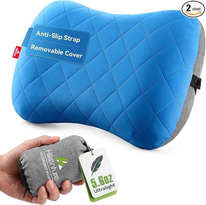 Hikenture Camping Pillow with Removable Cover, Ultralight Inflatable Pillow | Ergonomic Neck Lumber Support, Upgrade Leakproof Backpacking Pillow, Portable Packable for Hiking, Beach, Travel