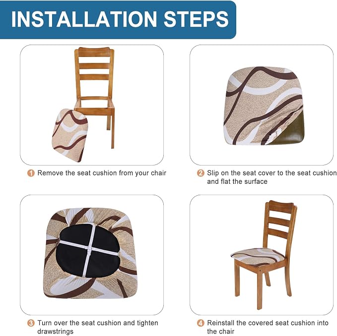 SearchI Seat Covers for Dining Room Chairs Stretch Printed Chair Seat Covers Set of 6, Removable Washable Upholstered Chair Seat Protector Cushion Slipcovers for Kitchen, Office(Beige)
