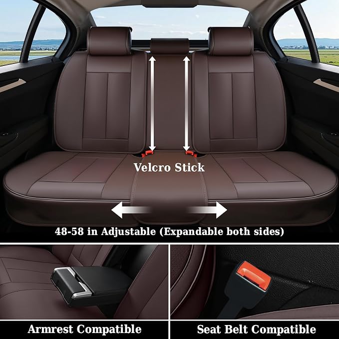 Coverado Back Seat Cover for Kids, Rear Seat Covers for Cars, Brown Back Seat Protector, Waterproof Car Seat Cushion Nappa Leather, 3-Pieces Dog Seat Cover for Back Seat Universal Fit for Most Cars