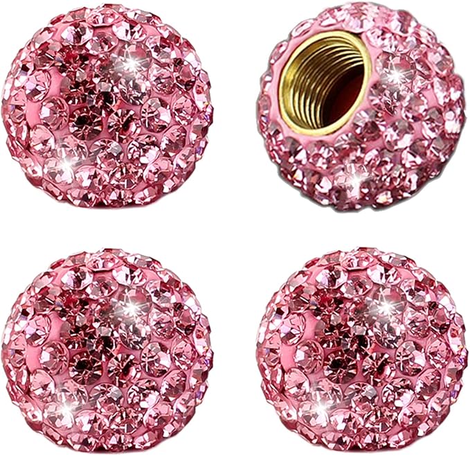 Car Wheel Tire Valve 4 Pack Handmade Crystal Rhinestone Tire Valve Stem Air Caps Cover Bling Car Accessories (Pink)