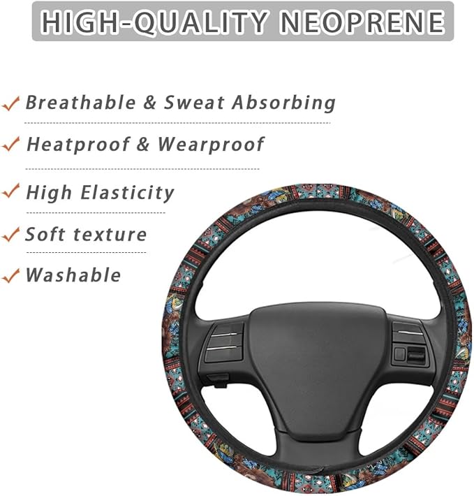 Wanyint Aztec Highland Cow Sunflower Butterfly Car Steering Wheel Cover Soft Stretch Anti-Slip Washable Car Interior Accessory Universal Fit for Car SUV Trucks