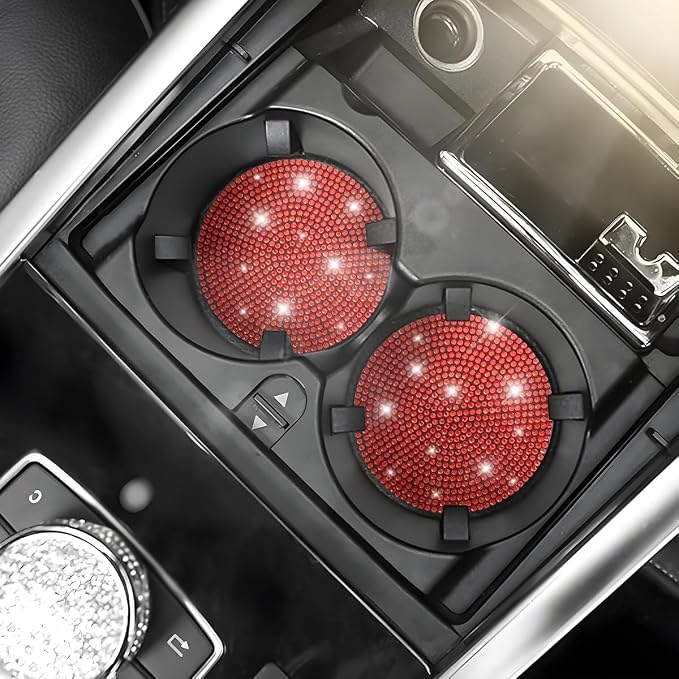 Osilly Bling Car Cup Holder Coaster, Crystal Rhinestone Anti-Slip Insert Coasters, Universal 2.75 Inch Fashion Automotive Cup Mat, Car Interior Accessories Decor Gifts for Women (Red, 4PCS)