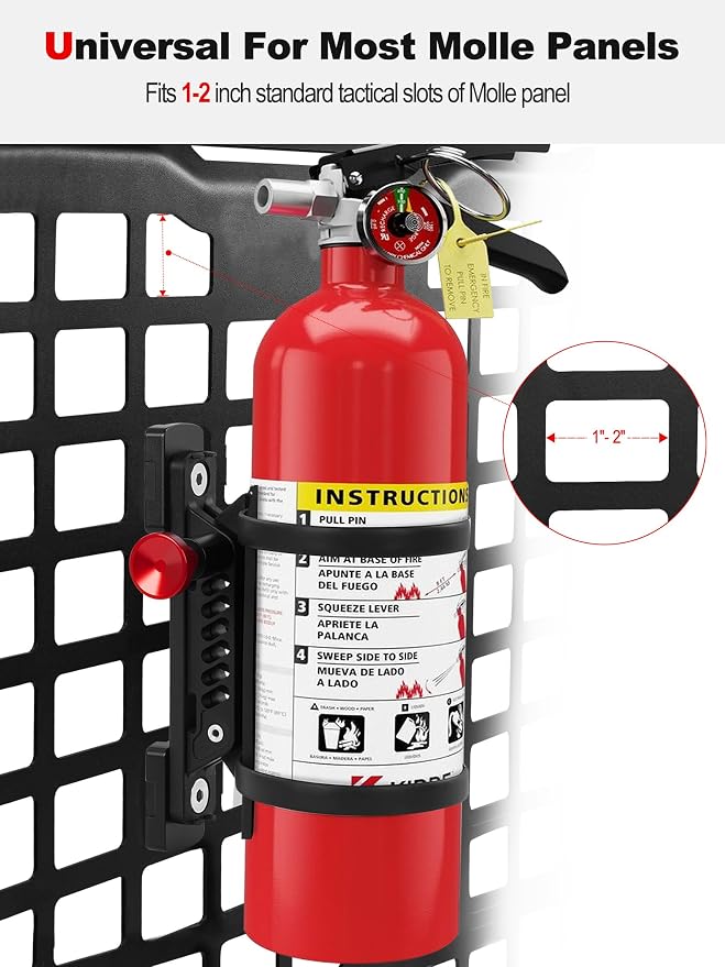 ZIDIYORUO MOLLE Panel Fire Extinguisher Mount Fits 1“-2" Panle Slot Holes | Quick Release Car Fire Extinguisher Bracket with Adjustable 4 Clamps for Vehicles Trucks Jeeps MOLLE Panle Accessories