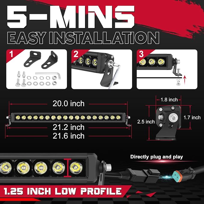 OFFROADTOWN 20 Inch 180W LED Light Bar Single Row Off Road Driving Lights Spot Bumper Grille Bars Slim LED Work Light with Wiring Harness for Truck Pickup UTV SUV Toyota RZR