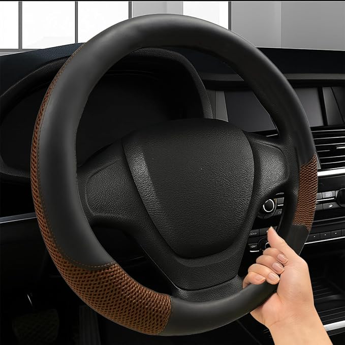Car Steering Wheel Cover, 15" Breathable Microfiber Leather Ice Silk Mesh Wheel Wrap, Warm in Winter & Cool in Summer, Comfortable Anti-Slip Auto Interior Decorative Protector(Coffee)