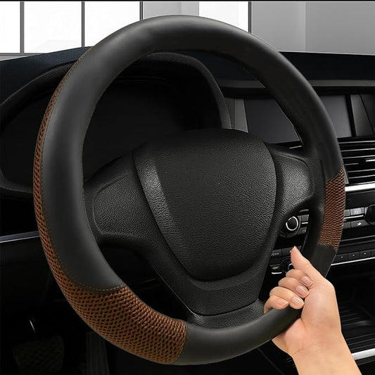Car Steering Wheel Cover, 15" Breathable Microfiber Leather Ice Silk Mesh Wheel Wrap, Warm in Winter & Cool in Summer, Comfortable Anti-Slip Auto Interior Decorative Protector(Coffee)