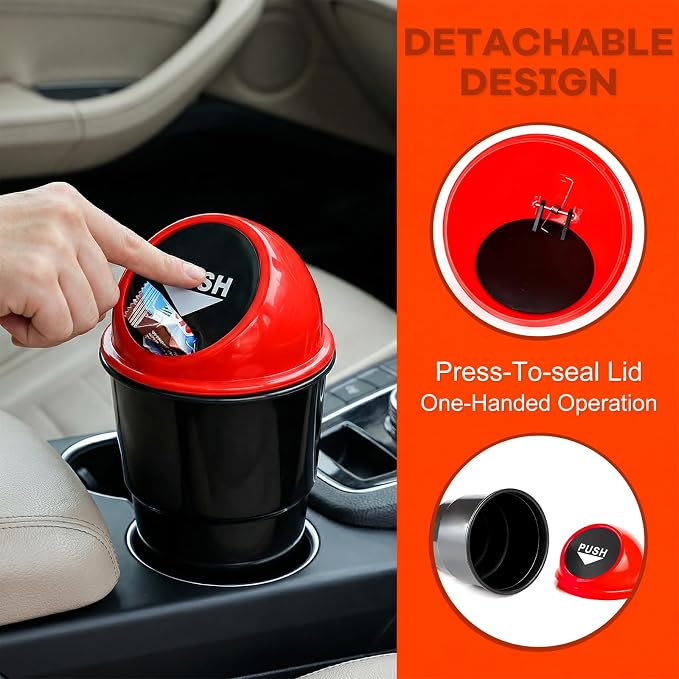 Cup Holder Trash Can for Car, Leakproof Vehicle Back Seat Garbage Can Mini Portable Trash Bin with Lid, Universal Smellproof Cup Holder Garbage Bin for Cars Trucks SUVs (Red)